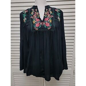 LOFT Top Shirt Embroidery Black Size S Petite Tunic Bell Sleeve Boho Festival